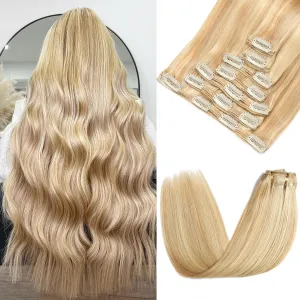 Clip in Hair Extensions Real Human Hair - 150g 18 Inch 7pcs, Dirty Blonde to Bleach Blonde Highlight - Premium Soft Hair Extensions Real Human Hair Clip ins Straight for Women