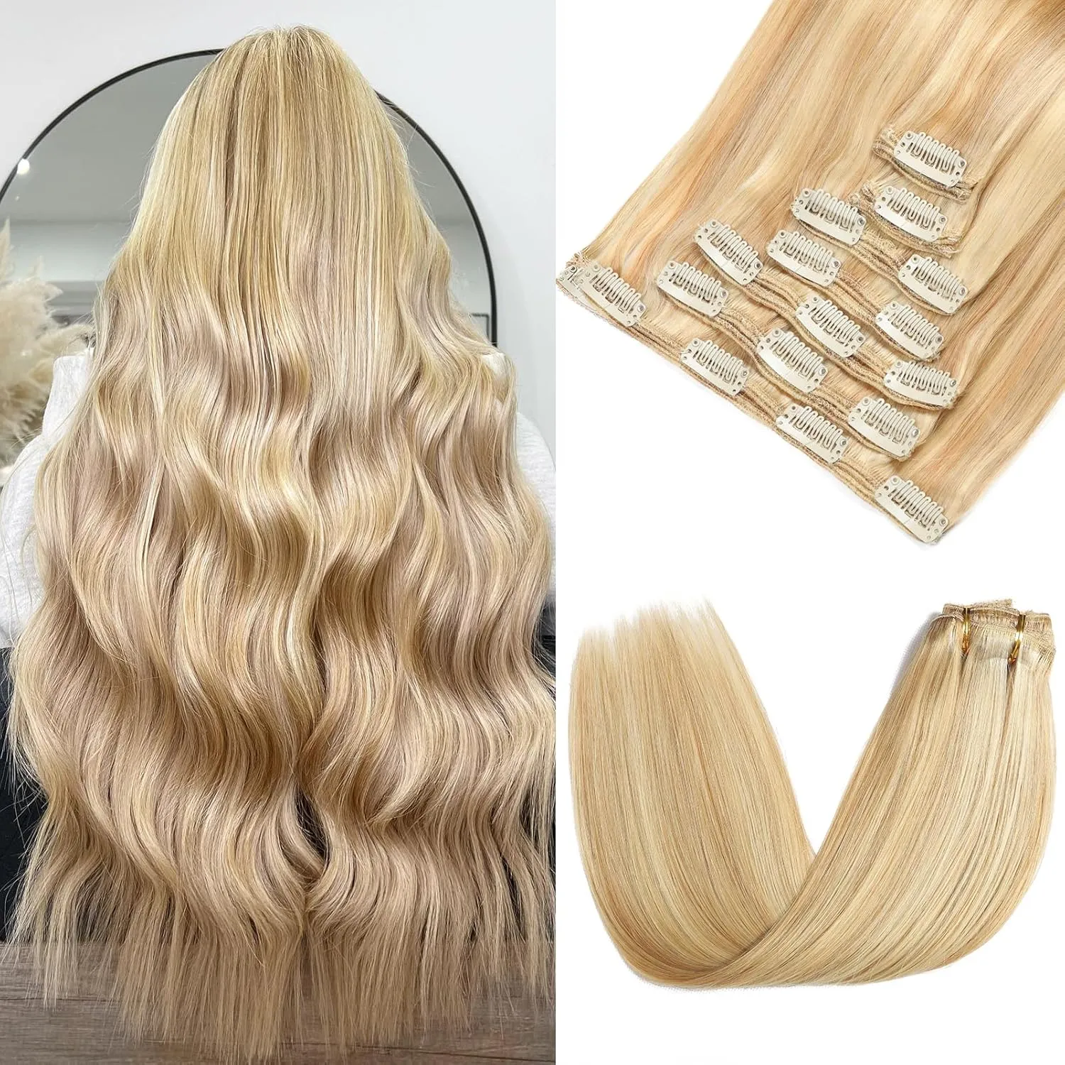 Clip in Hair Extensions Real Human Hair - 150g 18 Inch 7pcs, Dirty Blonde to Bleach Blonde Highlight - Premium Soft Hair Extensions Real Human Hair Clip ins Straight for Women