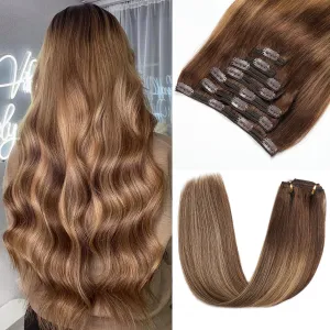 Clip in Hair Extensions Real Human Hair - 150g 18 Inch 7pcs, Ombre Chocolate Brown to Caramel Blonde Balayage Color - Soft Hair Extensions Real Human Hair Clip ins Straight for Women