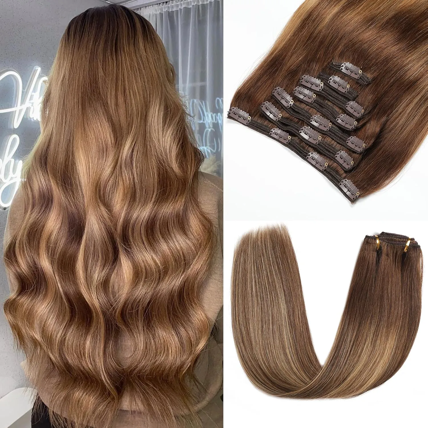 Clip in Hair Extensions Real Human Hair - 150g 18 Inch 7pcs, Ombre Chocolate Brown to Caramel Blonde Balayage Color - Soft Hair Extensions Real Human Hair Clip ins Straight for Women