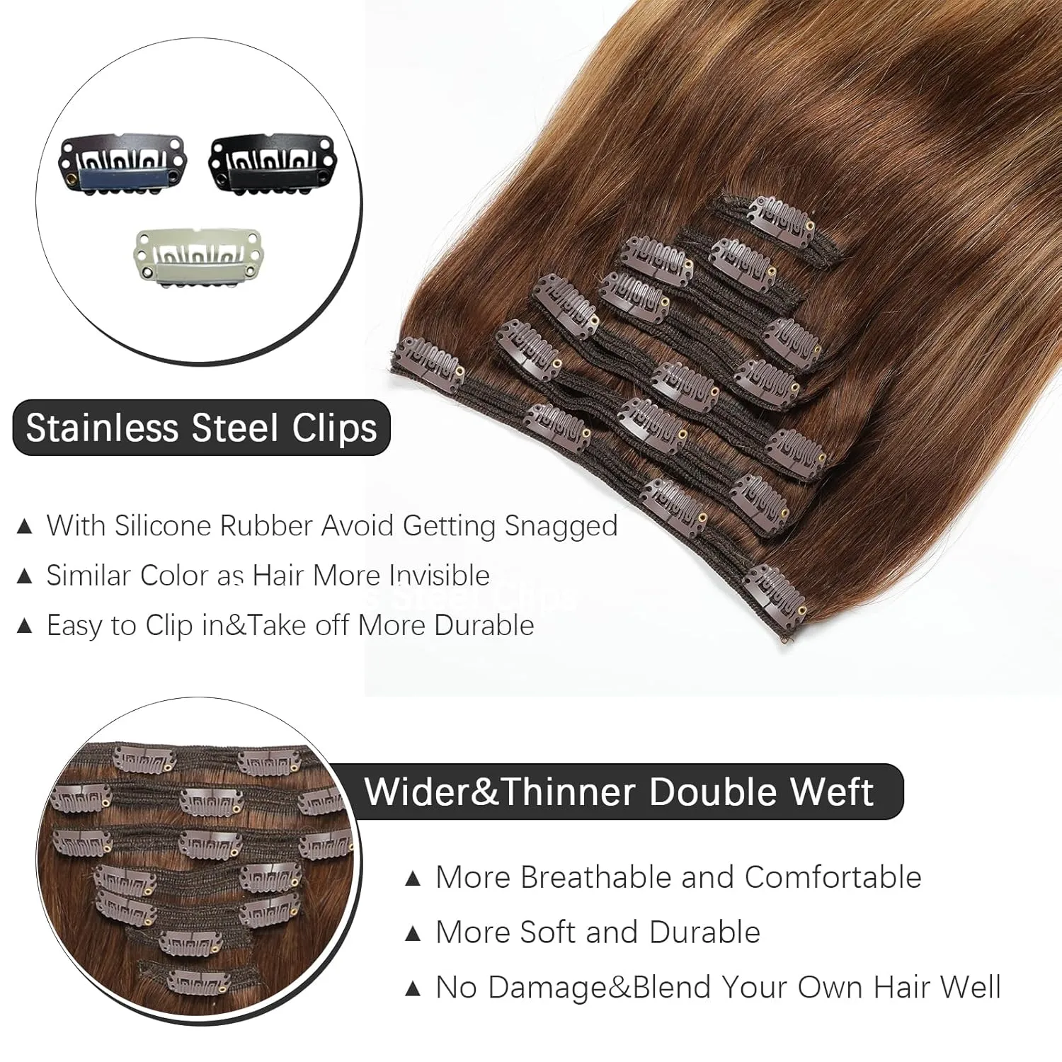 Clip in Hair Extensions Real Human Hair - 150g 18 Inch 7pcs, Ombre Chocolate Brown to Caramel Blonde Balayage Color - Soft Hair Extensions Real Human Hair Clip ins Straight for Women