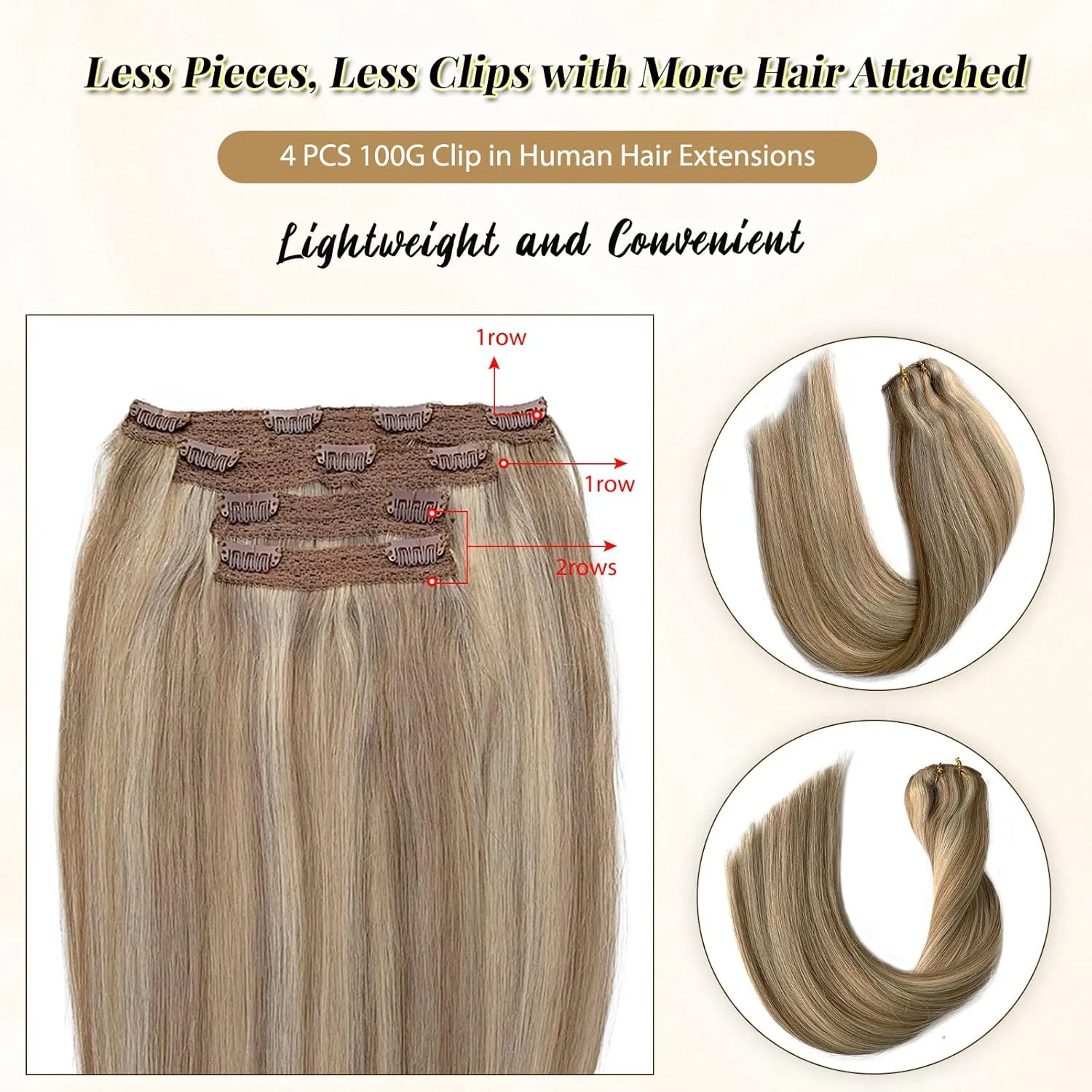 Clip in Hair Extensions Real Human Hair Blonde Highlights Extensions 100grams 4pcs Lace Clip on Hair Extensions Balayage Platinum Blonde and Ash Brown Straight Hairpieces for Thin Hair 16 Inch