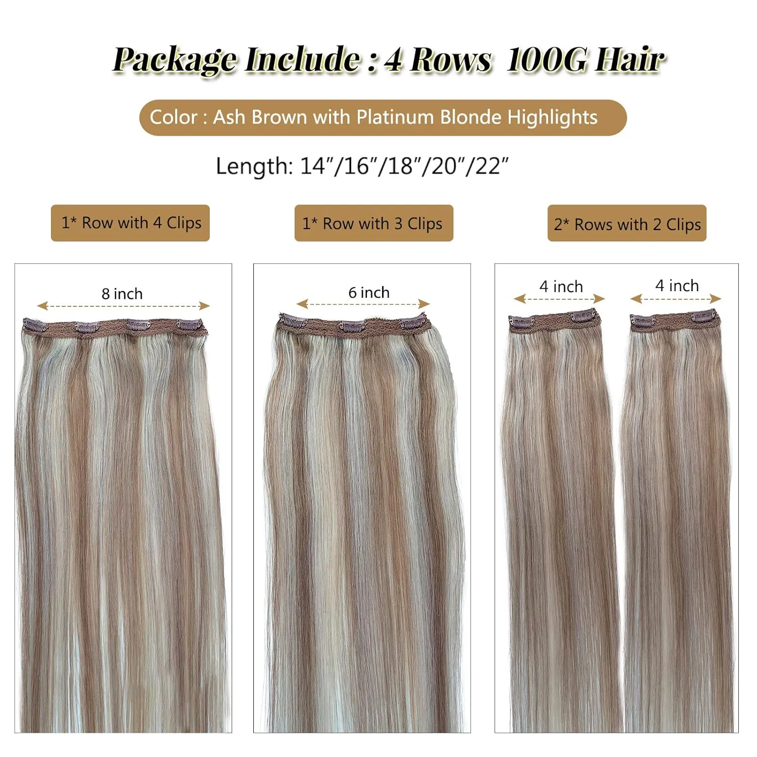Clip in Hair Extensions Real Human Hair Blonde Highlights Extensions 100grams 4pcs Lace Clip on Hair Extensions Balayage Platinum Blonde and Ash Brown Straight Hairpieces for Thin Hair 16 Inch