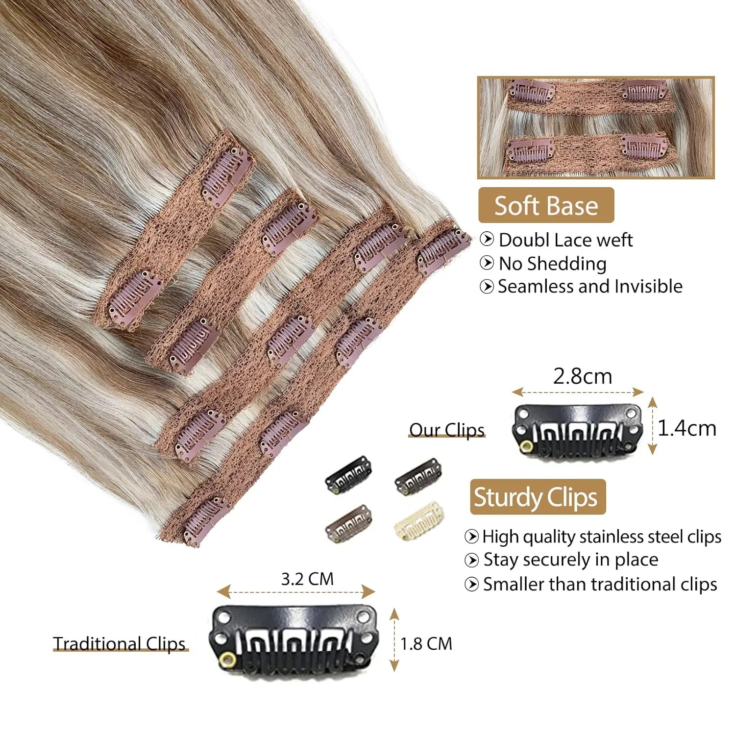 Clip in Hair Extensions Real Human Hair Blonde Highlights Extensions 100grams 4pcs Lace Clip on Hair Extensions Balayage Platinum Blonde and Ash Brown Straight Hairpieces for Thin Hair 16 Inch