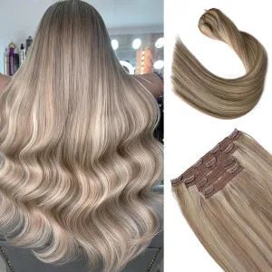 Clip in Hair Extensions Real Human Hair Blonde Highlights Extensions 100grams 4pcs Lace Clip on Hair Extensions Balayage Platinum Blonde and Ash Brown Straight Hairpieces for Thin Hair 16 Inch