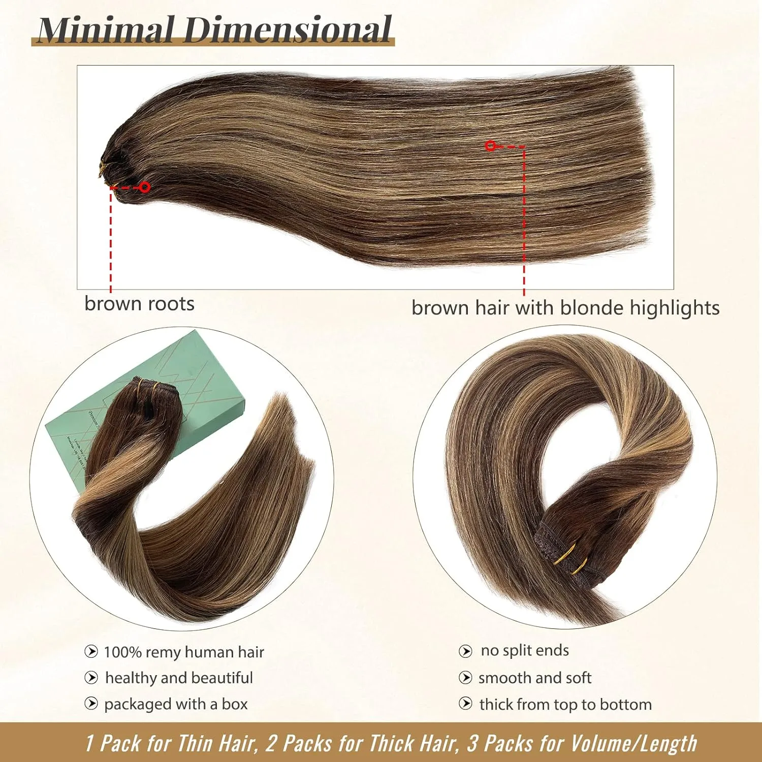 Clip in Human Hair Extensions Blonde Balayage Clip in Real Remy Hair Extensions Double Weft 100grams 4pcs Thick Straight Medium Brown with Caramel Blonde Highlights Extensions for Women 16 Inch
