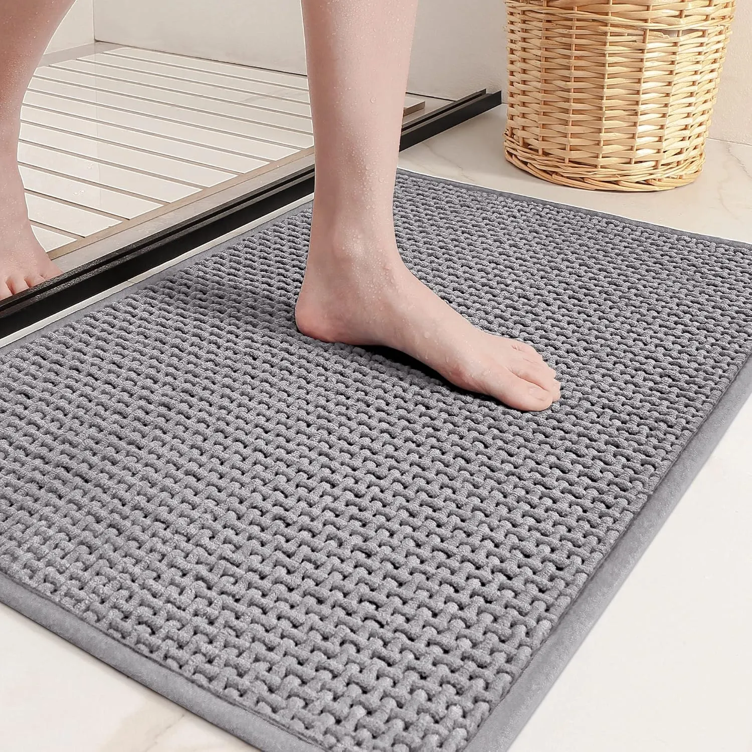 Color&Geometry Grey Chenille Bathroom Rugs- Non Slip, Absorbent, Quick Dry, Thin, Washable- 16"x24" Small Bathmat Gray for Washroom Floor, Shower, Sink, Vanity