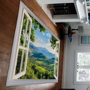 Country Farmhouse Rugs Green Mountain Forest Relaxing Nature Window View Carpet Low Pile Floor Mat for Living Study Room Bedroom 6'x8'
