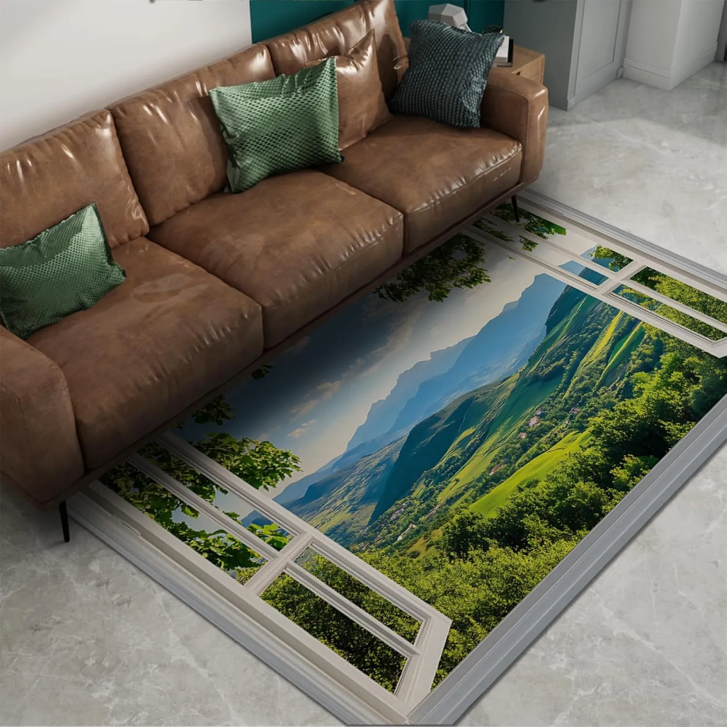 Country Farmhouse Rugs Green Mountain Forest Relaxing Nature Window View Carpet Low Pile Floor Mat for Living Study Room Bedroom 6'x8'