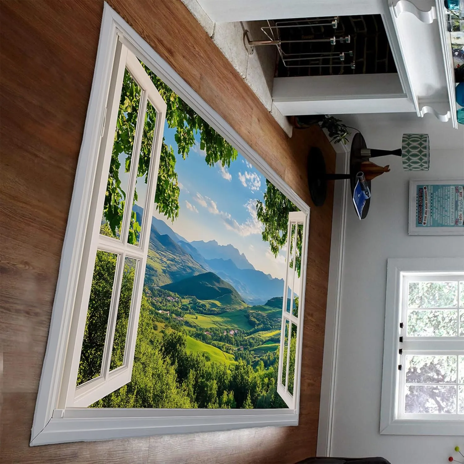 Country Farmhouse Rugs Green Mountain Forest Relaxing Nature Window View Carpet Low Pile Floor Mat for Living Study Room Bedroom 6'x8'