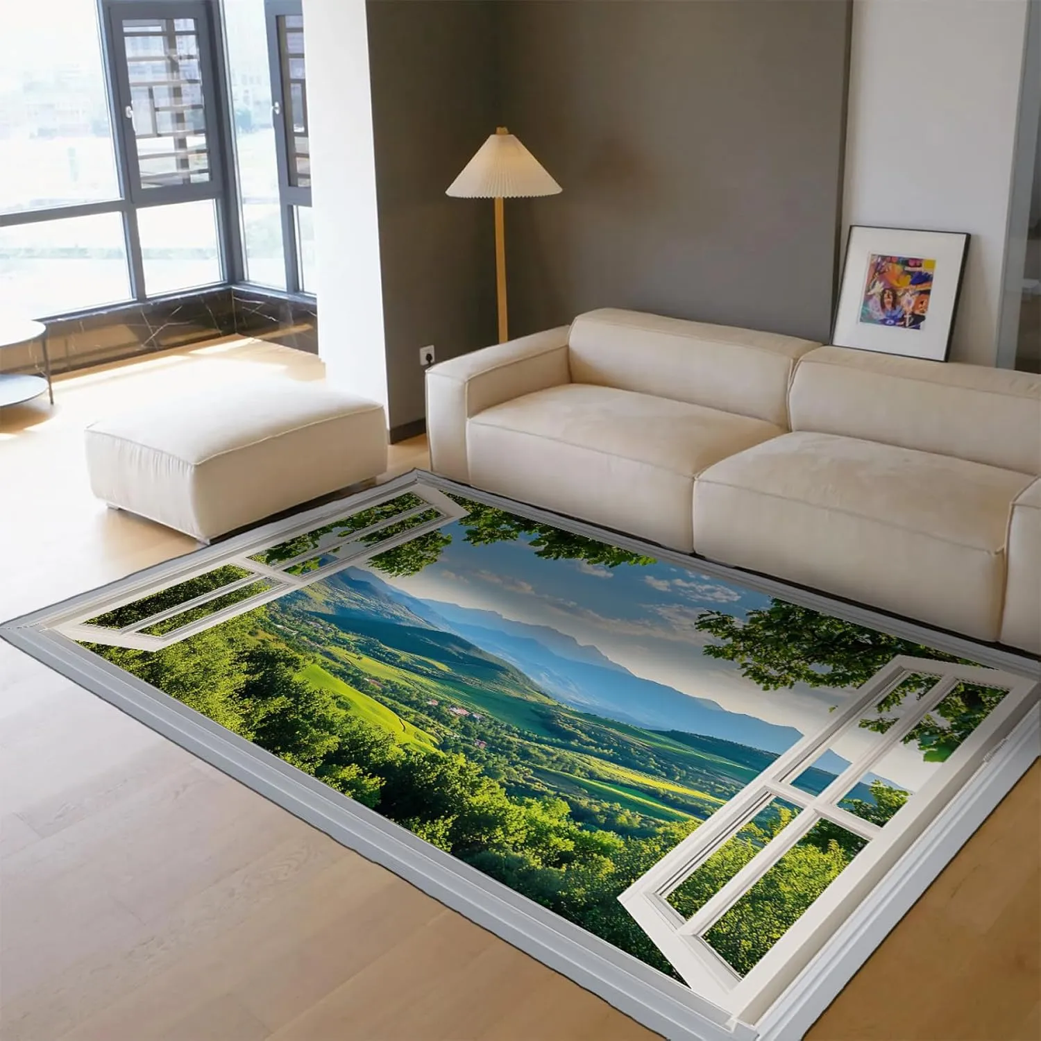 Country Farmhouse Rugs Green Mountain Forest Relaxing Nature Window View Carpet Low Pile Floor Mat for Living Study Room Bedroom 6'x8'