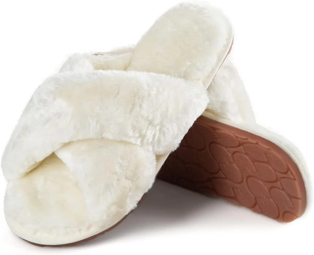 Cross Band Fluffy Fuzzy Slippers Open Toe Soft Plush House Slippers Indoor Outdoor Bedroom Cozy Slippers for Women Warm Slides Shoes