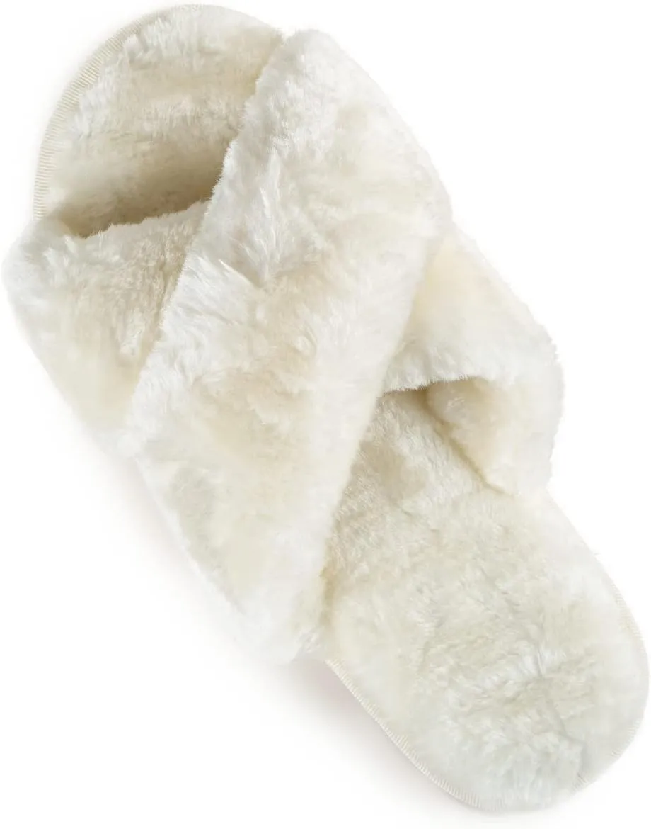 Cross Band Fluffy Fuzzy Slippers Open Toe Soft Plush House Slippers Indoor Outdoor Bedroom Cozy Slippers for Women Warm Slides Shoes