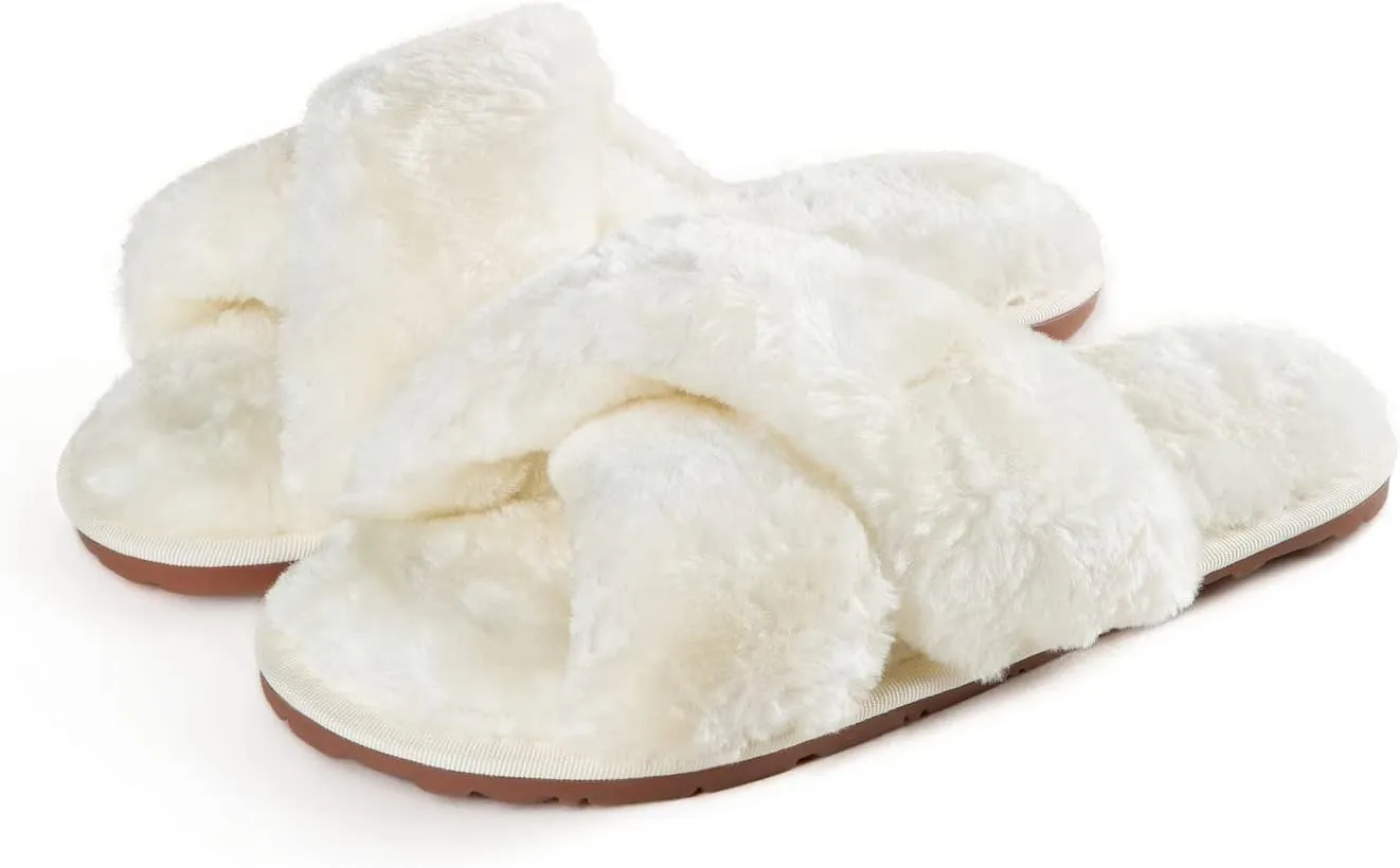 Cross Band Fluffy Fuzzy Slippers Open Toe Soft Plush House Slippers Indoor Outdoor Bedroom Cozy Slippers for Women Warm Slides Shoes