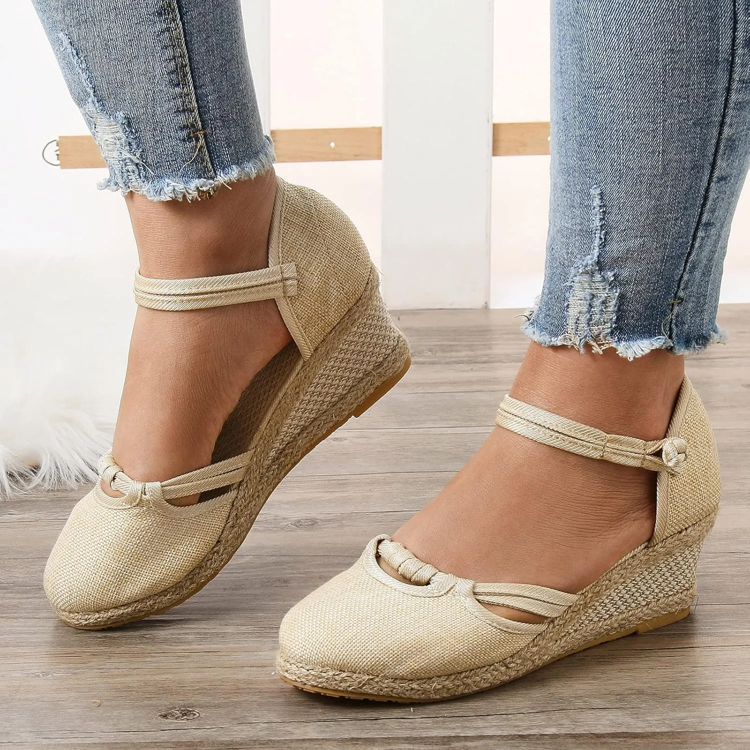 Crzidha Sandals for Women Dressy Summer, Women's Ankle Strap Closed Toe Espadrille Wedge Sandals Dressy Platform Wedges Pumps Sandals Bohemian Slip-ons Canvas Shoes for Casual, Work, Party