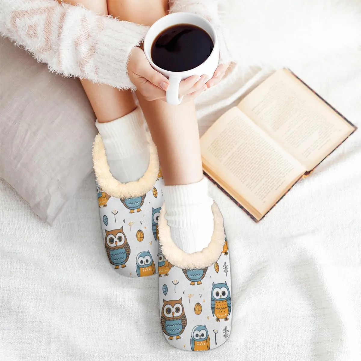 Cute Owl House Slippers for Women/Men, Non-Slip House Slipper Socks, Plush Lined Slippers Shoes for Boys Girls Teens Indoor Bedroom (Cartoon Owls)