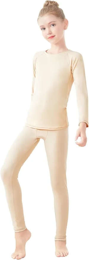 Daydance Nude Kids Girls Base Layers Set Tan Active Undergarments for Dance, Ballet, Gymnastics, Performance in Winter