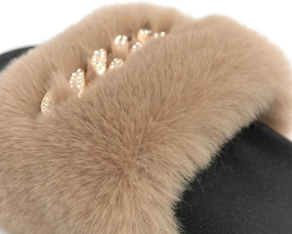 Dayiss Women Faux Fox Fur Furry Slides Fluffy Slippers Summer Feather Open Toe Single Strap Slip On Flat Sandals Outdoor Indoor