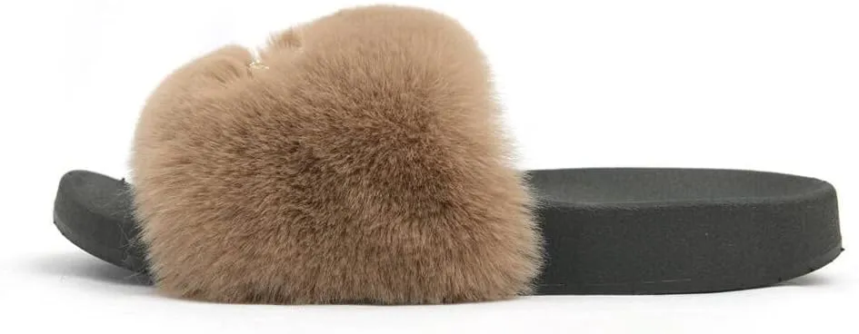 Dayiss Women Faux Fox Fur Furry Slides Fluffy Slippers Summer Feather Open Toe Single Strap Slip On Flat Sandals Outdoor Indoor