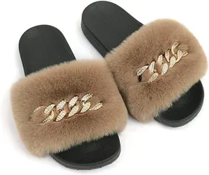 Dayiss Women Faux Fox Fur Furry Slides Fluffy Slippers Summer Feather Open Toe Single Strap Slip On Flat Sandals Outdoor Indoor