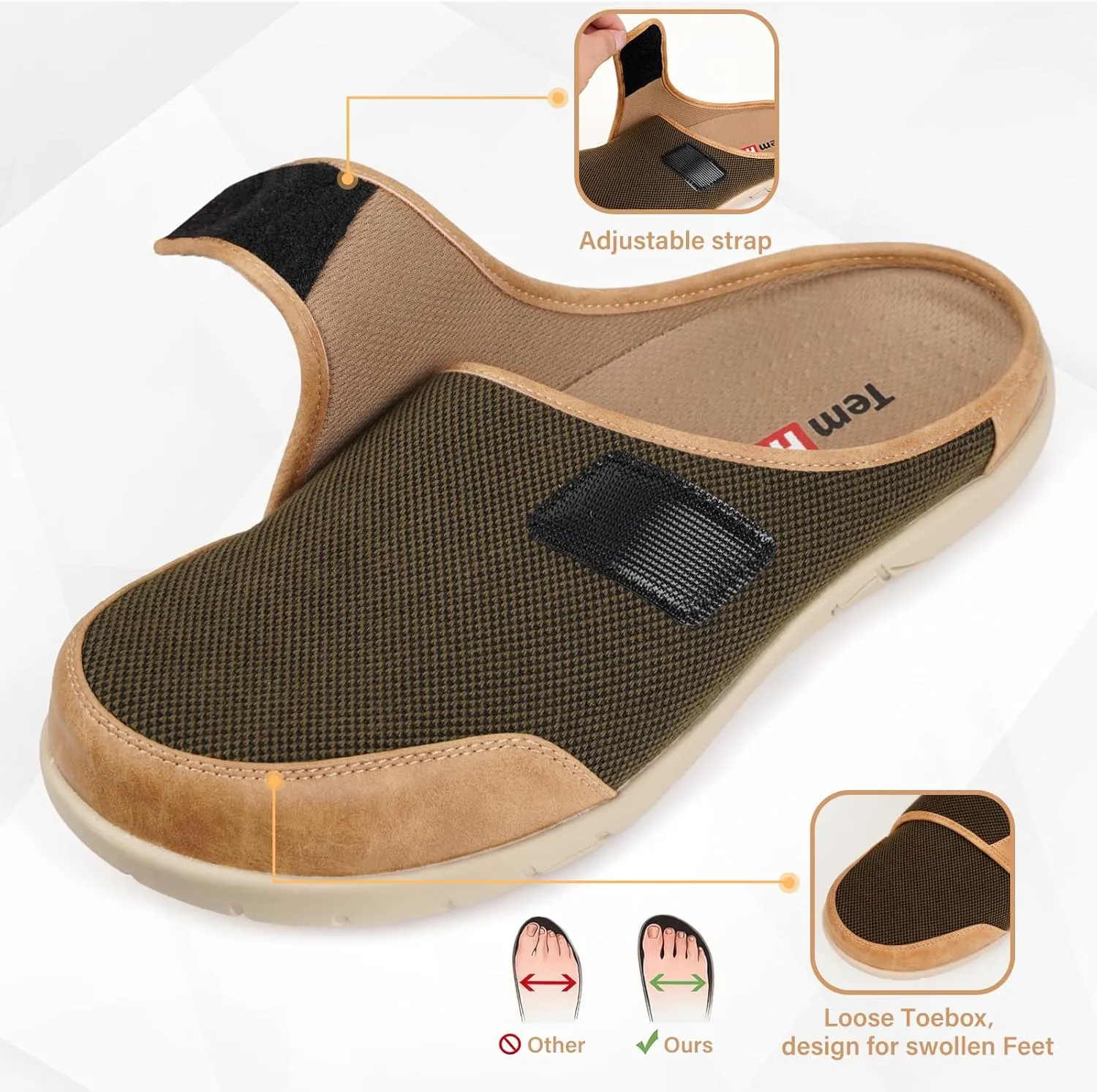 Diabetic Slippers for Men, Extra Wide Slippers with Adjustable Strap, Breathable Mens Slippers Wide Width, Indoor Outdoor Slip On Slippers Clogs for Swollen Feet
