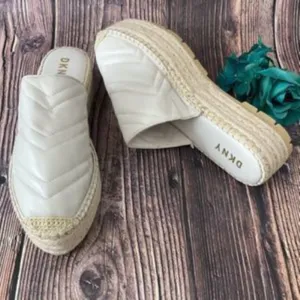 DKNY Cream Leather Ricki Espadrille Platform Mules 10M