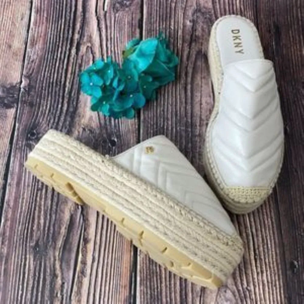 DKNY Cream Leather Ricki Espadrille Platform Mules 10M