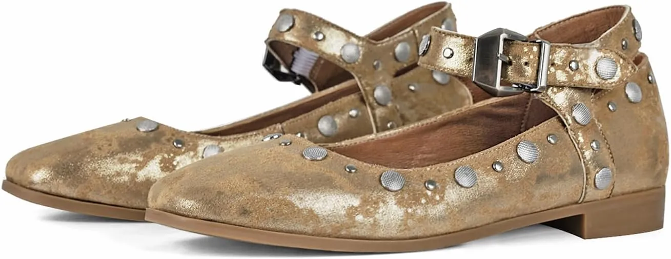DOEYG Studded Mary Janes Ballet Flats Shoes for Women Square Toe Mary Jane Shoes Dressy Casual Ballerina Shoes with Buckle Strap
