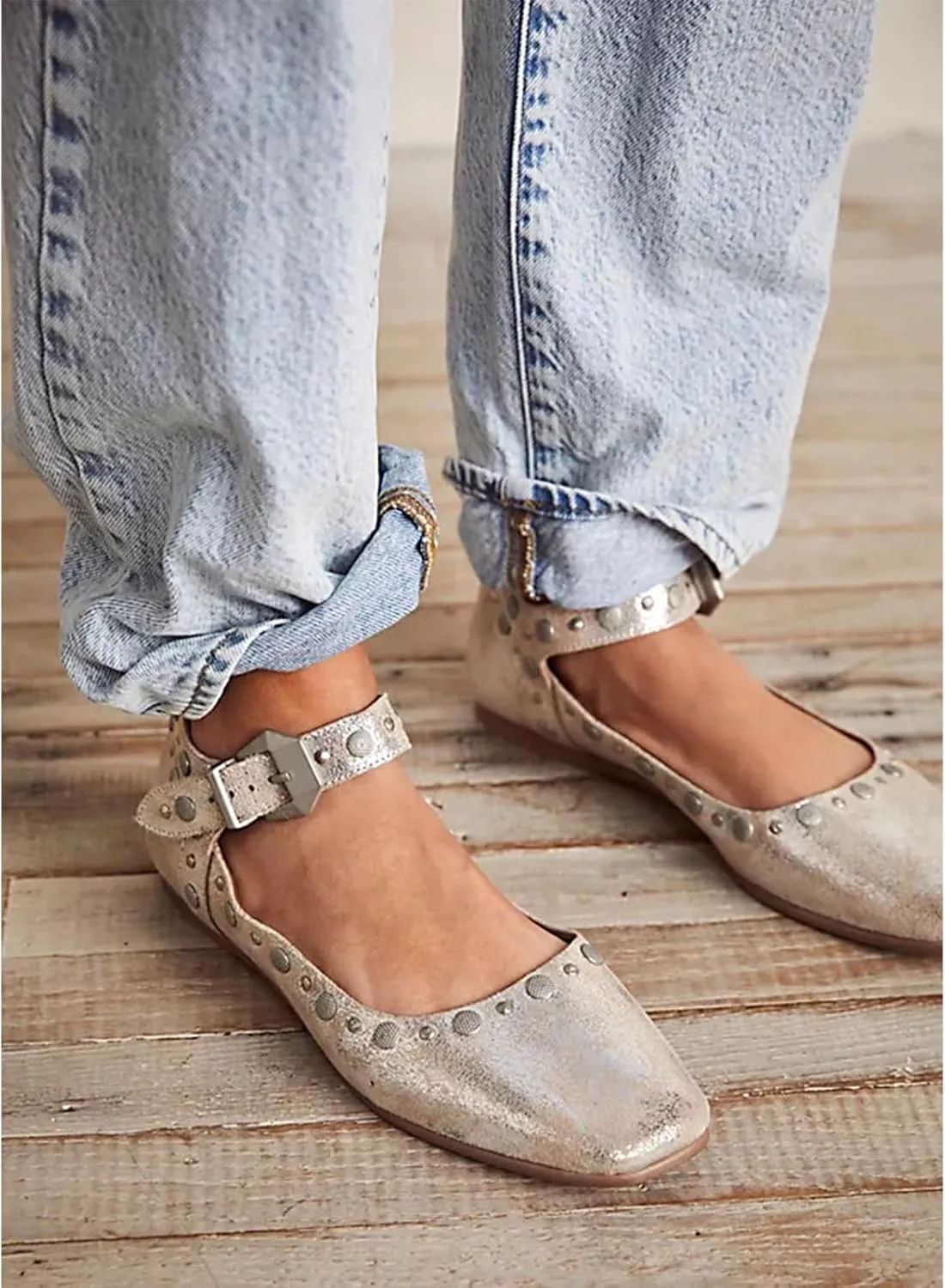 DOEYG Studded Mary Janes Ballet Flats Shoes for Women Square Toe Mary Jane Shoes Dressy Casual Ballerina Shoes with Buckle Strap