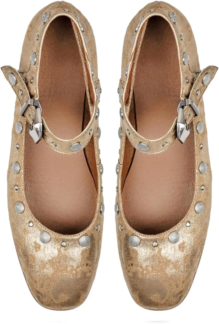 DOEYG Studded Mary Janes Ballet Flats Shoes for Women Square Toe Mary Jane Shoes Dressy Casual Ballerina Shoes with Buckle Strap