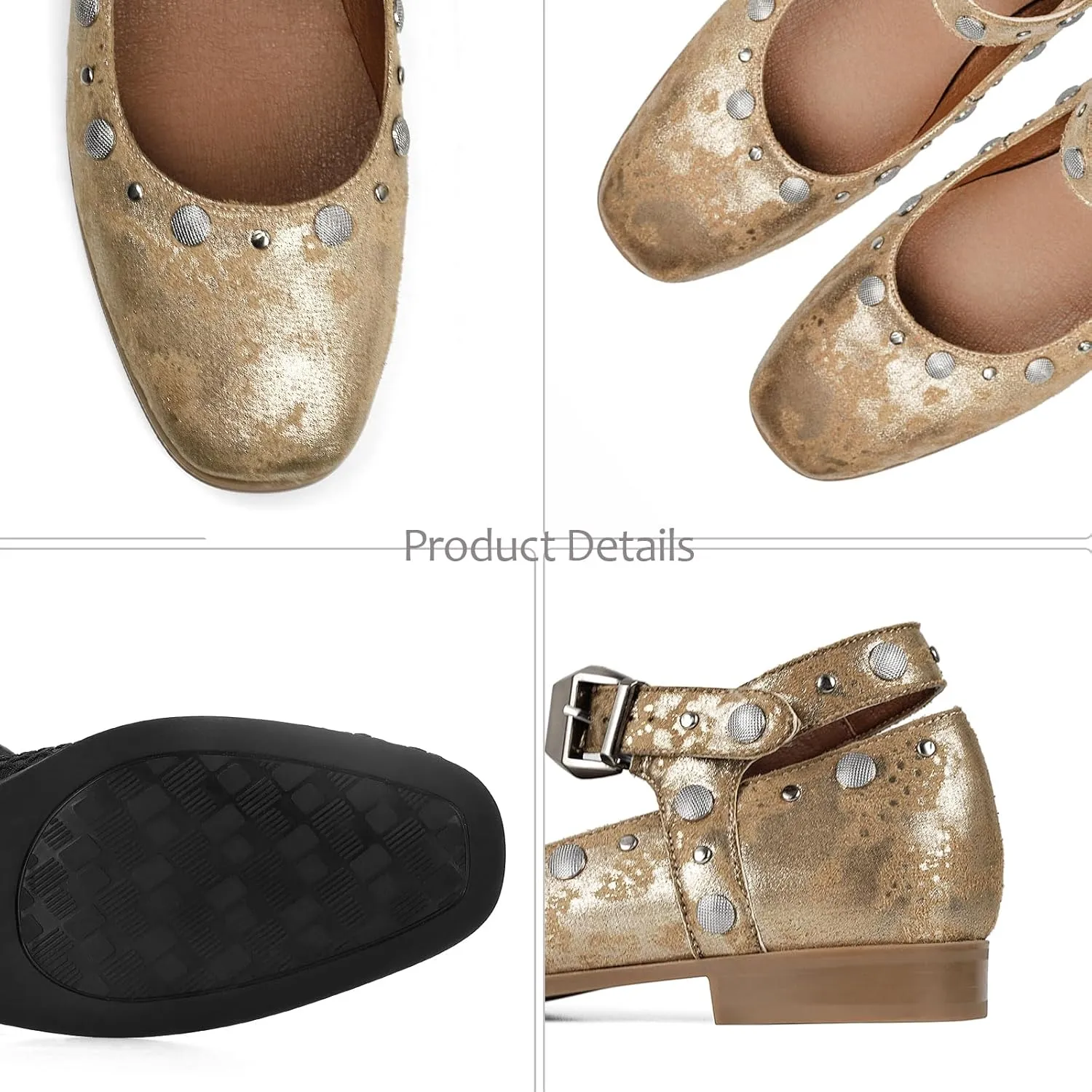 DOEYG Studded Mary Janes Ballet Flats Shoes for Women Square Toe Mary Jane Shoes Dressy Casual Ballerina Shoes with Buckle Strap