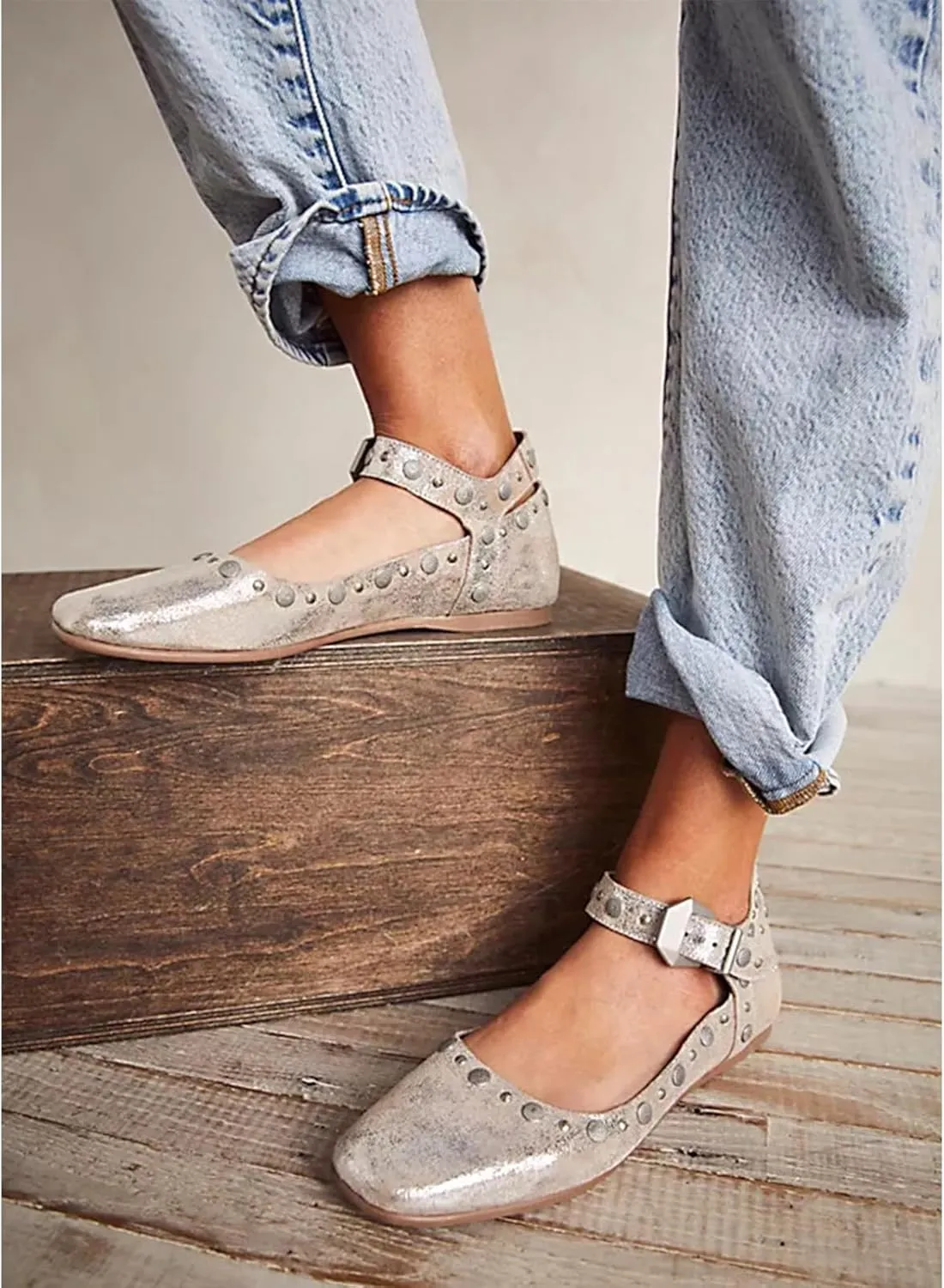 DOEYG Studded Mary Janes Ballet Flats Shoes for Women Square Toe Mary Jane Shoes Dressy Casual Ballerina Shoes with Buckle Strap