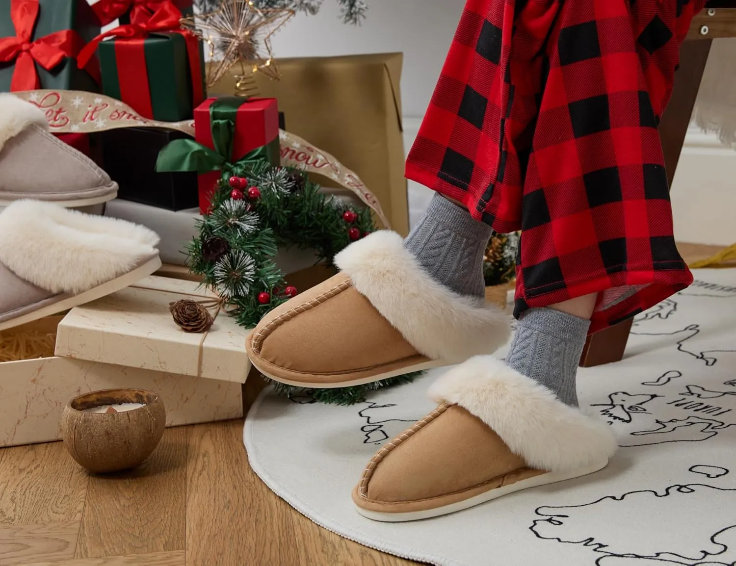 Donpapa Womens Slipper with Memory Foam Fluffy Soft Warm Slip On House Slippers Anti-Skid Cozy Plush for Indoor Outdoor
