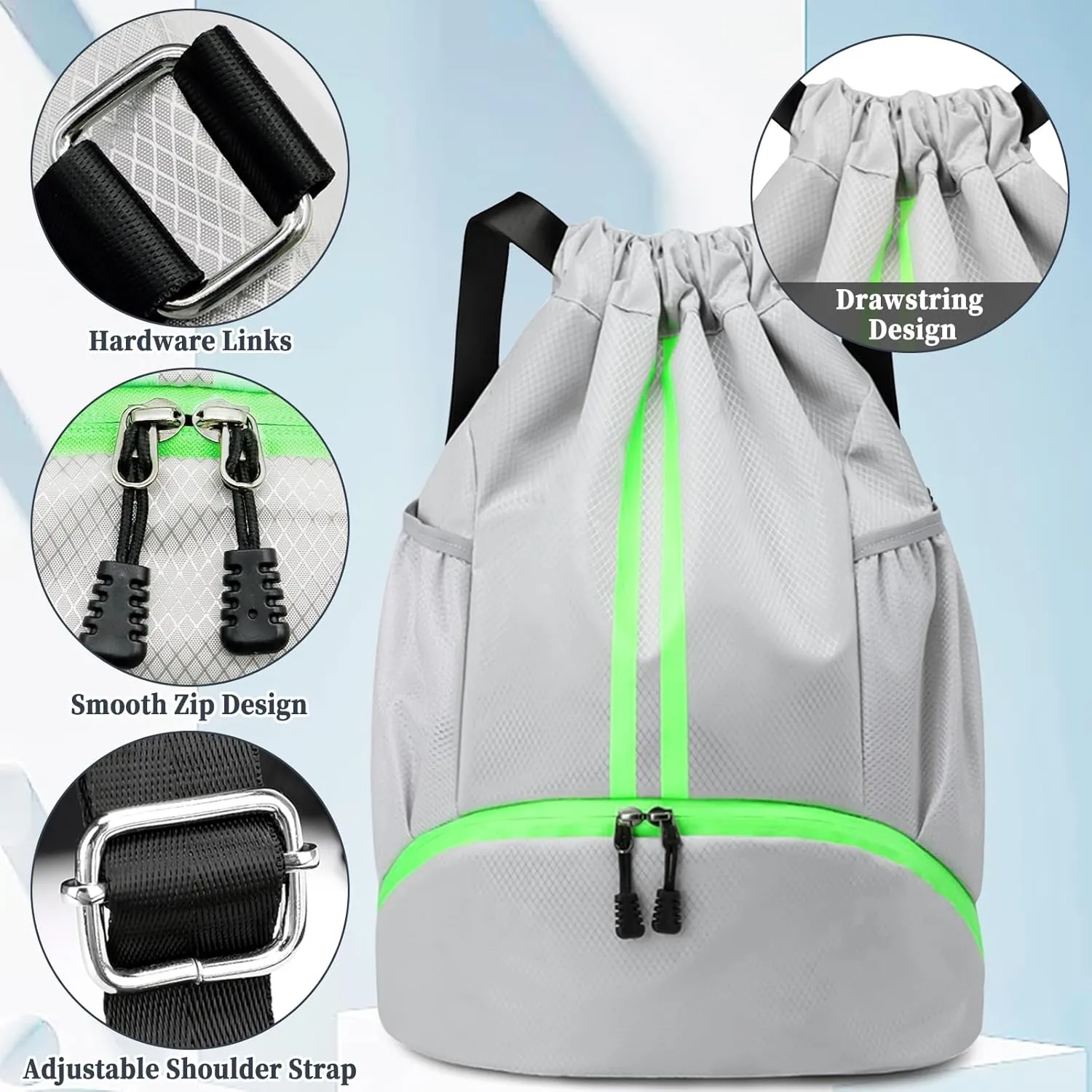 Drawstring Backpack Gym Bag for Men, Basketball Bags Sports Cinch Sack with Shoe Compartment and Water Resistant Wet Pocket Large Gym Sackpack for Basketball Soccer Beach Swim Fitness (Grey)
