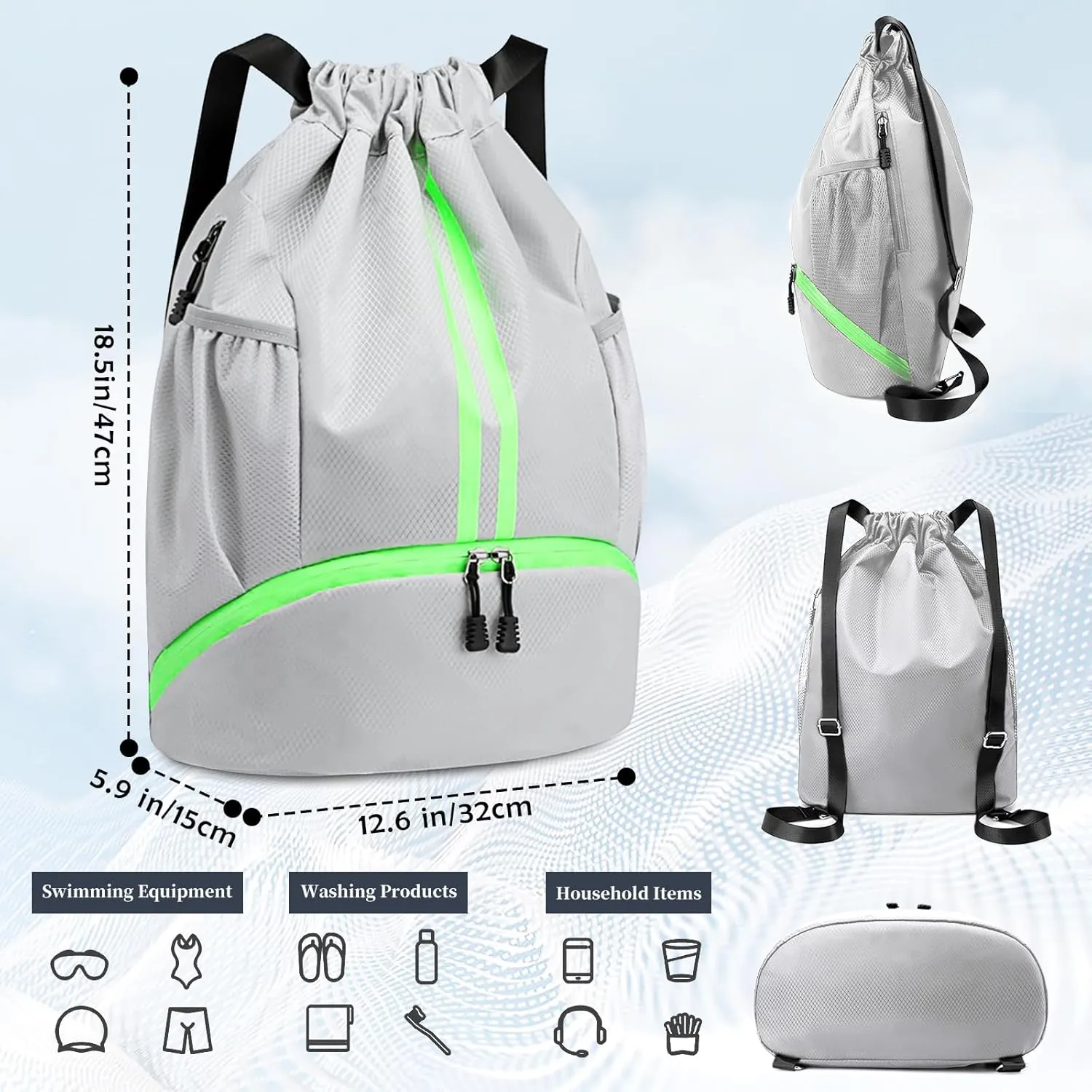 Drawstring Backpack Gym Bag for Men, Basketball Bags Sports Cinch Sack with Shoe Compartment and Water Resistant Wet Pocket Large Gym Sackpack for Basketball Soccer Beach Swim Fitness (Grey)