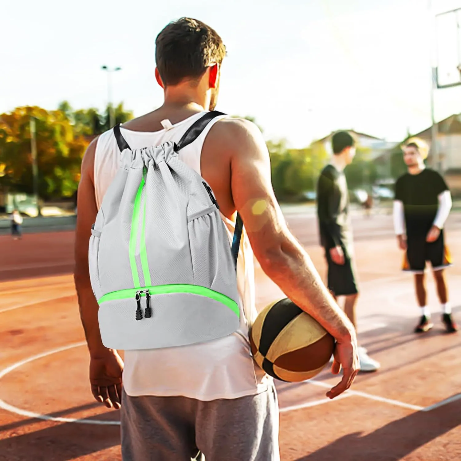 Drawstring Backpack Gym Bag for Men, Basketball Bags Sports Cinch Sack with Shoe Compartment and Water Resistant Wet Pocket Large Gym Sackpack for Basketball Soccer Beach Swim Fitness (Grey)