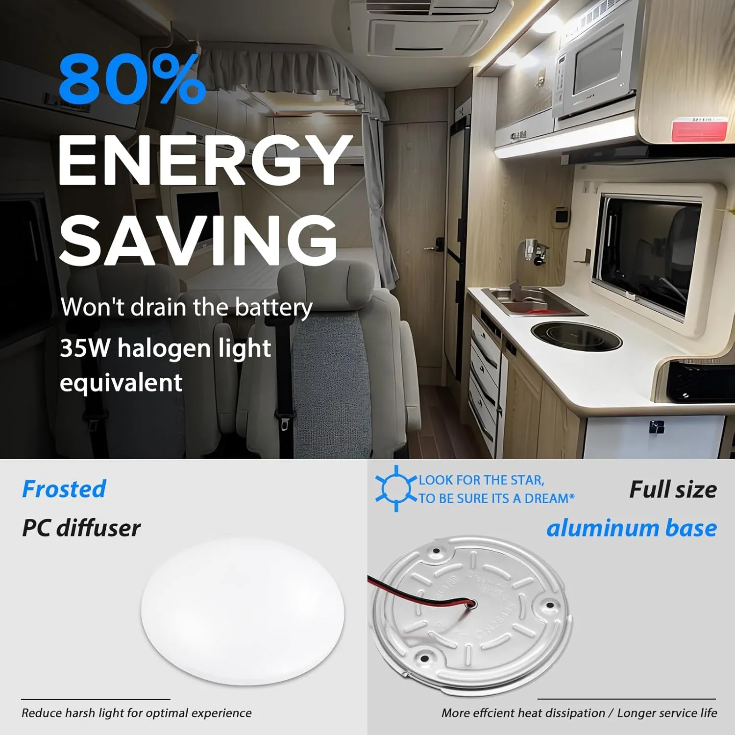Dream lighting RV Interior Lights 12V LED Dome Light Fixtures 4.5" Cool White Cabin Lighting 6000K, No Switch, Pack of 6