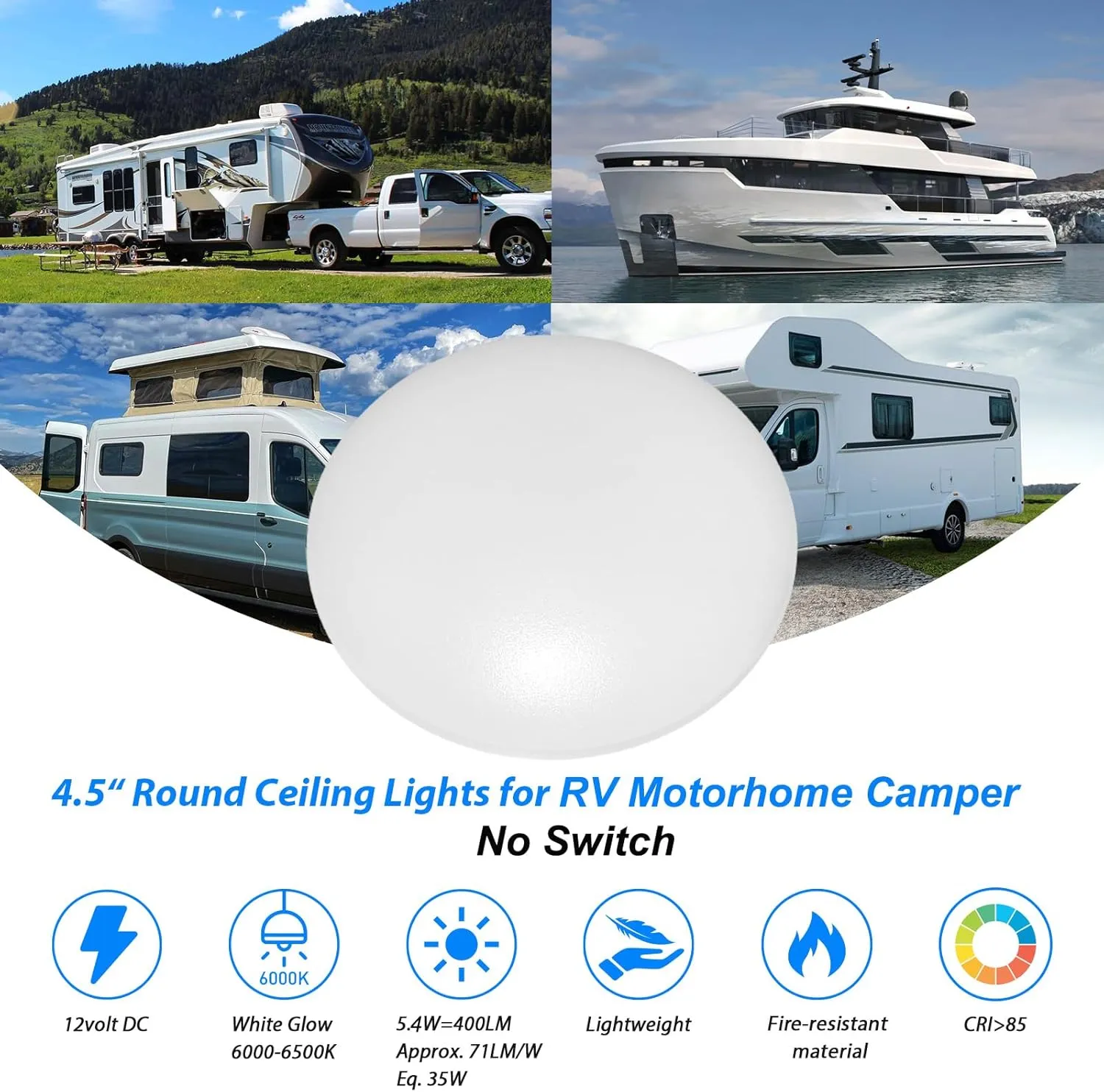 Dream lighting RV Interior Lights 12V LED Dome Light Fixtures 4.5" Cool White Cabin Lighting 6000K, No Switch, Pack of 6