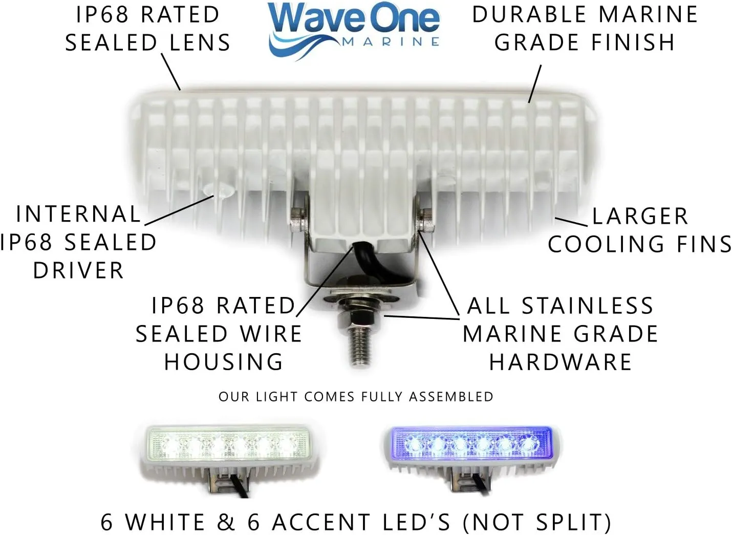Dual Color LED Boat Spreader Light Deck Flood Beam Stainless Hardware & Bracket IP68 Waterproof Multicolor Bright High Lumen Output (White Housing, White & Blue)