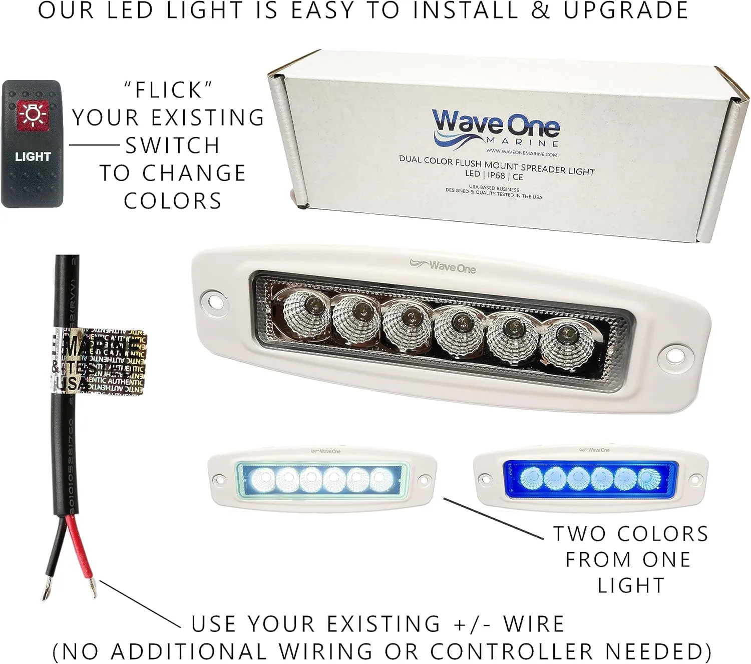 Dual Color LED FLUSH Mount Spreader Light | Boat Deck Flood Beam | Stainless Hardware | IP68 Waterproof | High Lumen | 12-24 Volt DC Input (WHITE)