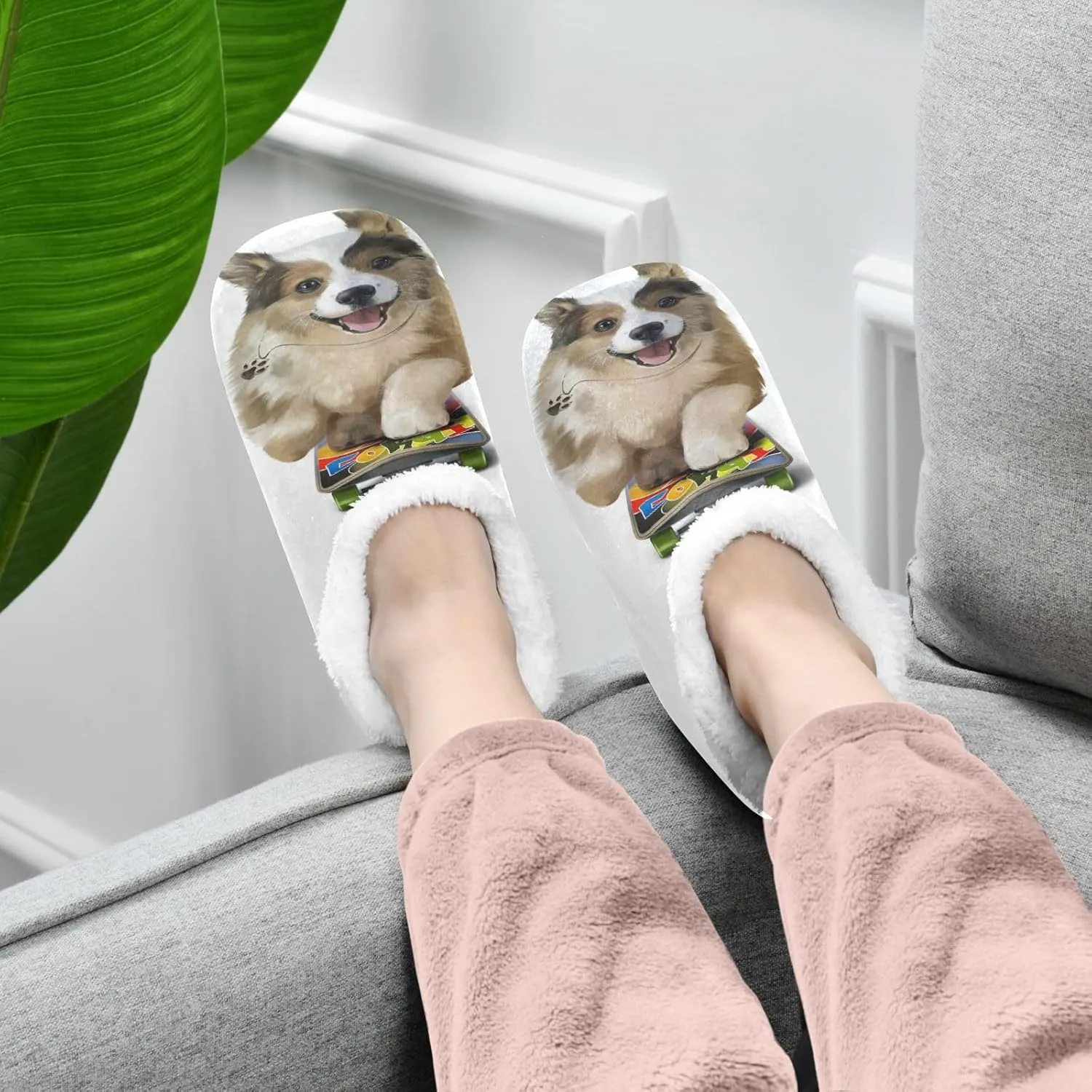 Dussdil Puppy Corgi Rides A Skateboard Home Winter Slippers Spa Travel House Slipper Soft Memory Foam Slipper Non Slip for Women Men Hotel Bedroom Shoes Slippers M