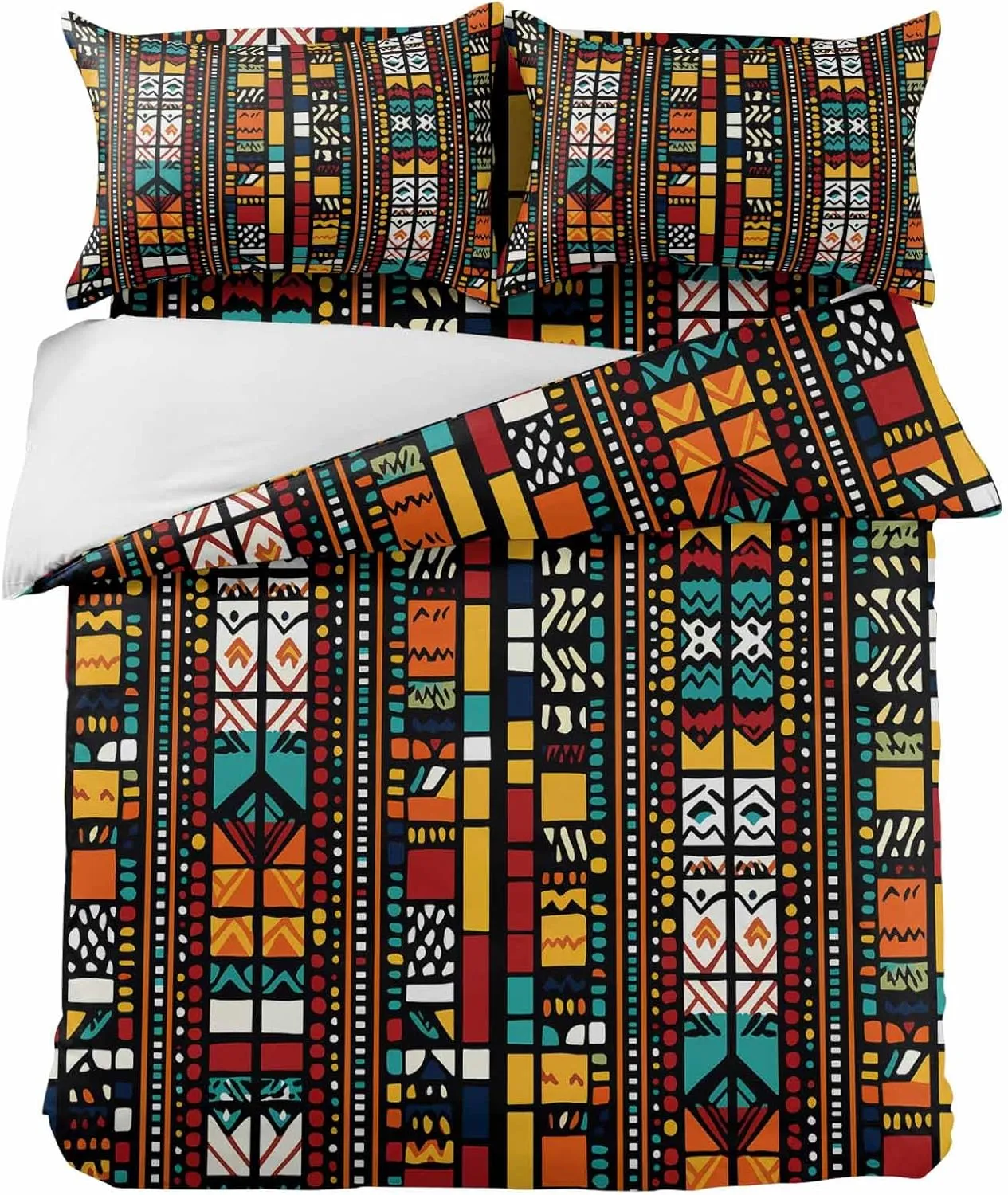Duvet Cover Set-4 Pieces Cal King Bedding Sets Boho Tribal Ethnic Egyptian,Ultra Soft Microfiber Comforter Cover with Pillow Shams Bed Flat Sheet for Bedroom Decor Retro Exotic Orange Lattice
