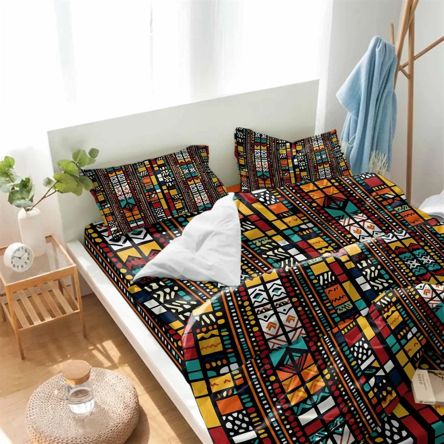 Duvet Cover Set-4 Pieces Cal King Bedding Sets Boho Tribal Ethnic Egyptian,Ultra Soft Microfiber Comforter Cover with Pillow Shams Bed Flat Sheet for Bedroom Decor Retro Exotic Orange Lattice