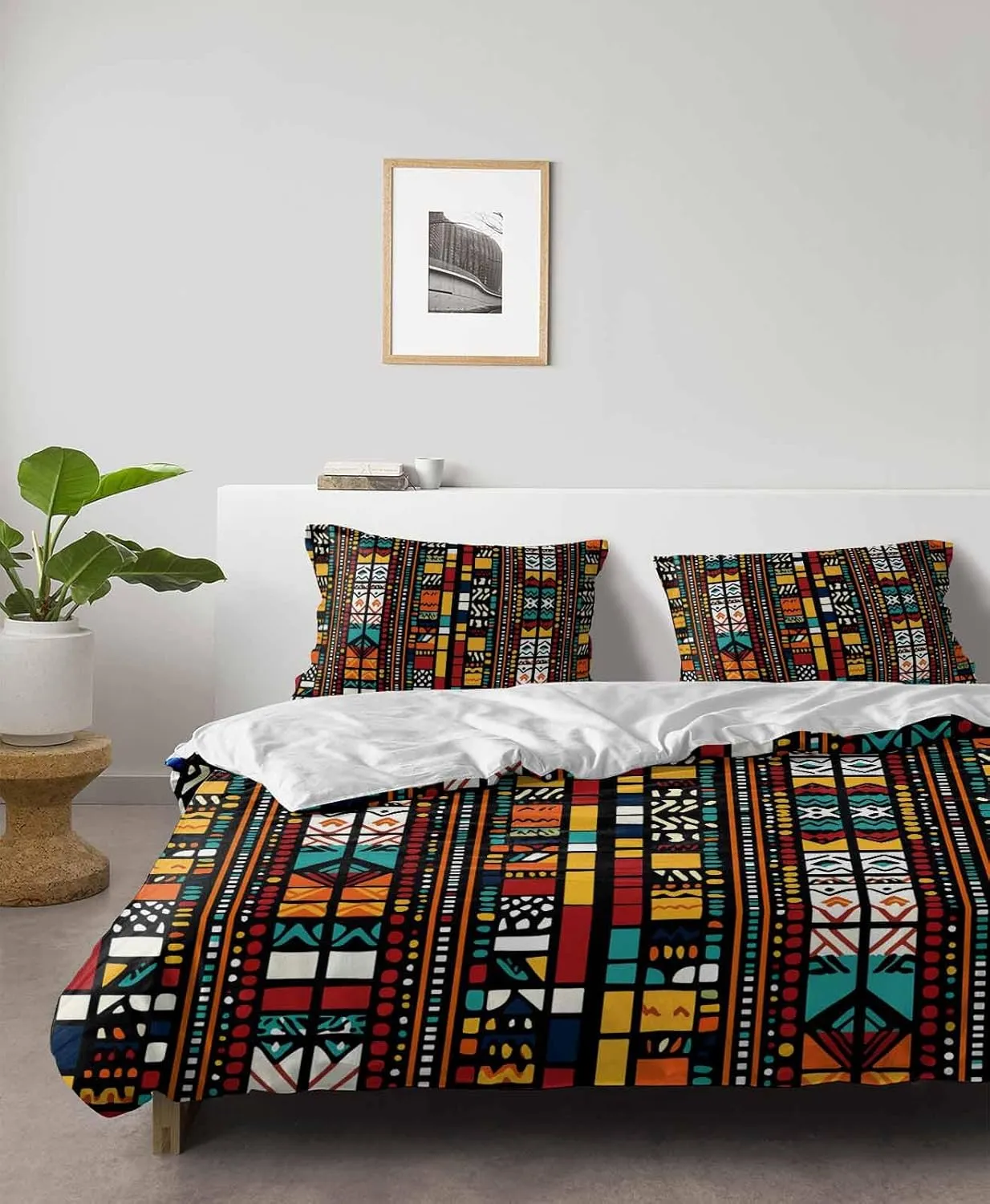 Duvet Cover Set-4 Pieces Cal King Bedding Sets Boho Tribal Ethnic Egyptian,Ultra Soft Microfiber Comforter Cover with Pillow Shams Bed Flat Sheet for Bedroom Decor Retro Exotic Orange Lattice