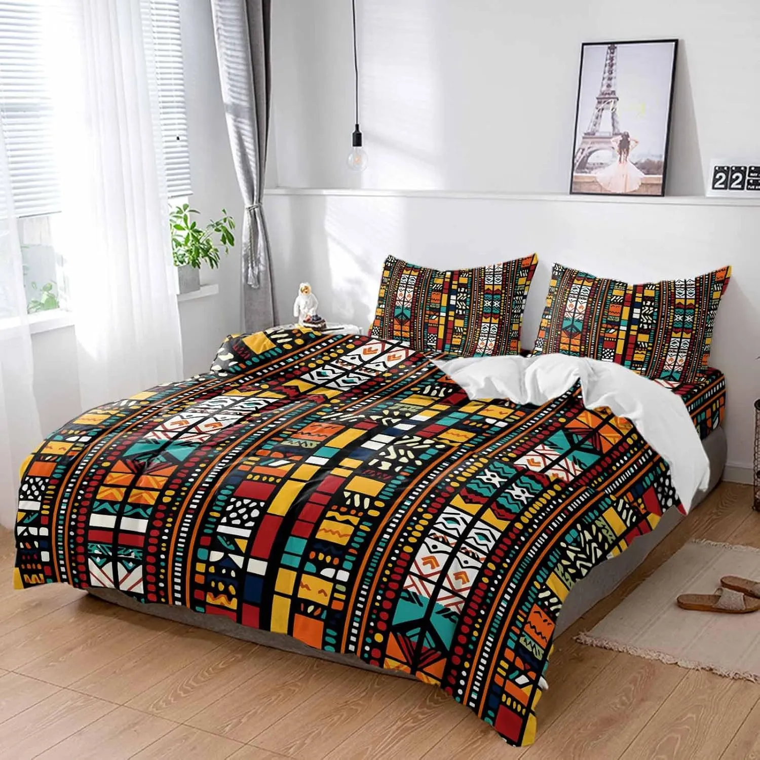 Duvet Cover Set-4 Pieces Cal King Bedding Sets Boho Tribal Ethnic Egyptian,Ultra Soft Microfiber Comforter Cover with Pillow Shams Bed Flat Sheet for Bedroom Decor Retro Exotic Orange Lattice