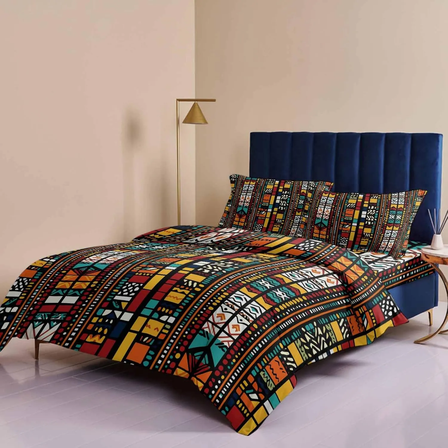 Duvet Cover Set-4 Pieces Cal King Bedding Sets Boho Tribal Ethnic Egyptian,Ultra Soft Microfiber Comforter Cover with Pillow Shams Bed Flat Sheet for Bedroom Decor Retro Exotic Orange Lattice