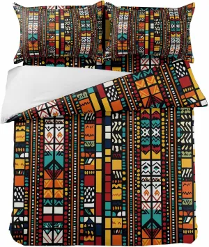 Duvet Cover Set-4 Pieces Cal King Bedding Sets Boho Tribal Ethnic Egyptian,Ultra Soft Microfiber Comforter Cover with Pillow Shams Bed Flat Sheet for Bedroom Decor Retro Exotic Orange Lattice