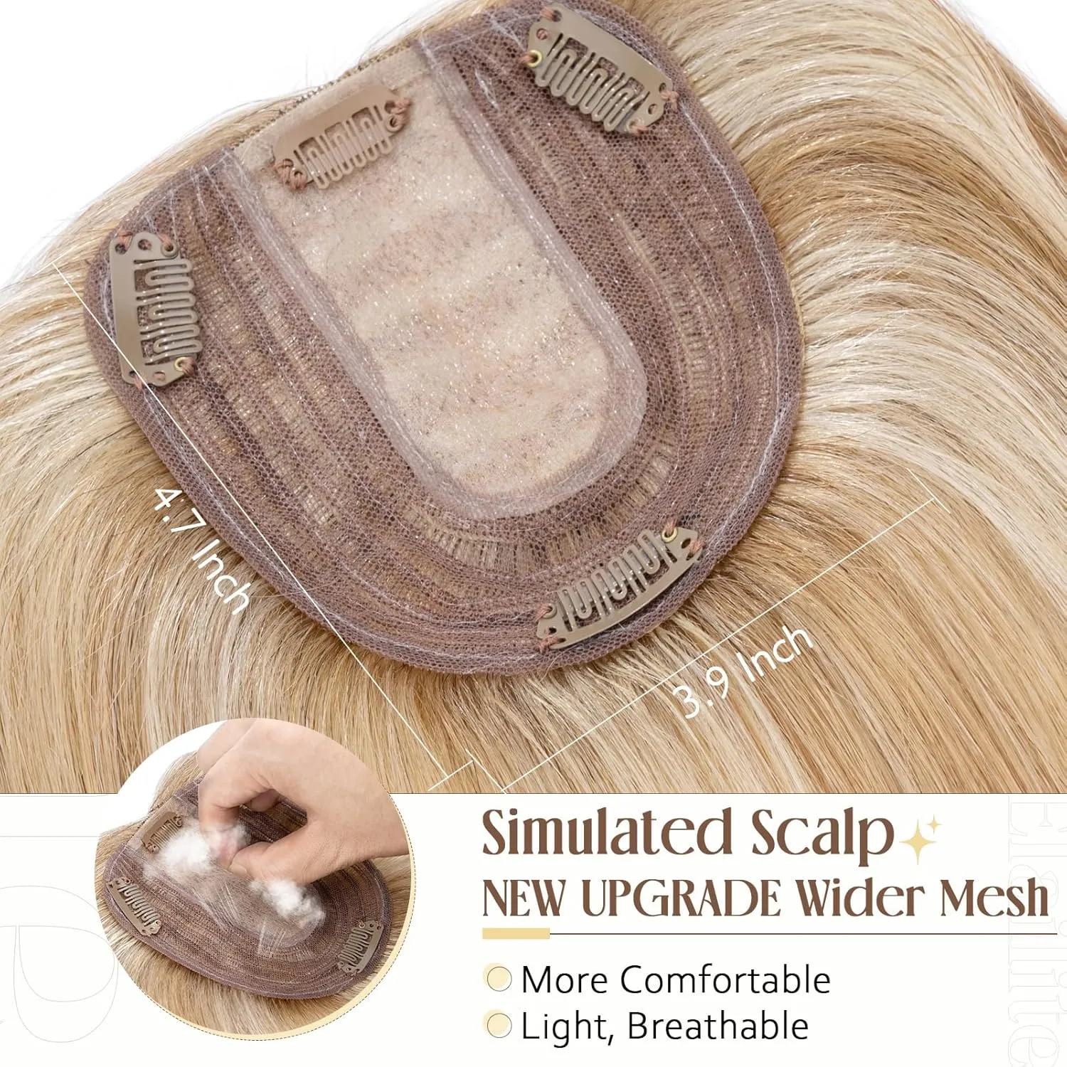 Elailite Human Hair Toppers for Women Real Human Hair Thin 4.7"x3.9" Silk Base Clip in Remy Hairpieces 10 Inch Golden Brown mix Bleach Blonde