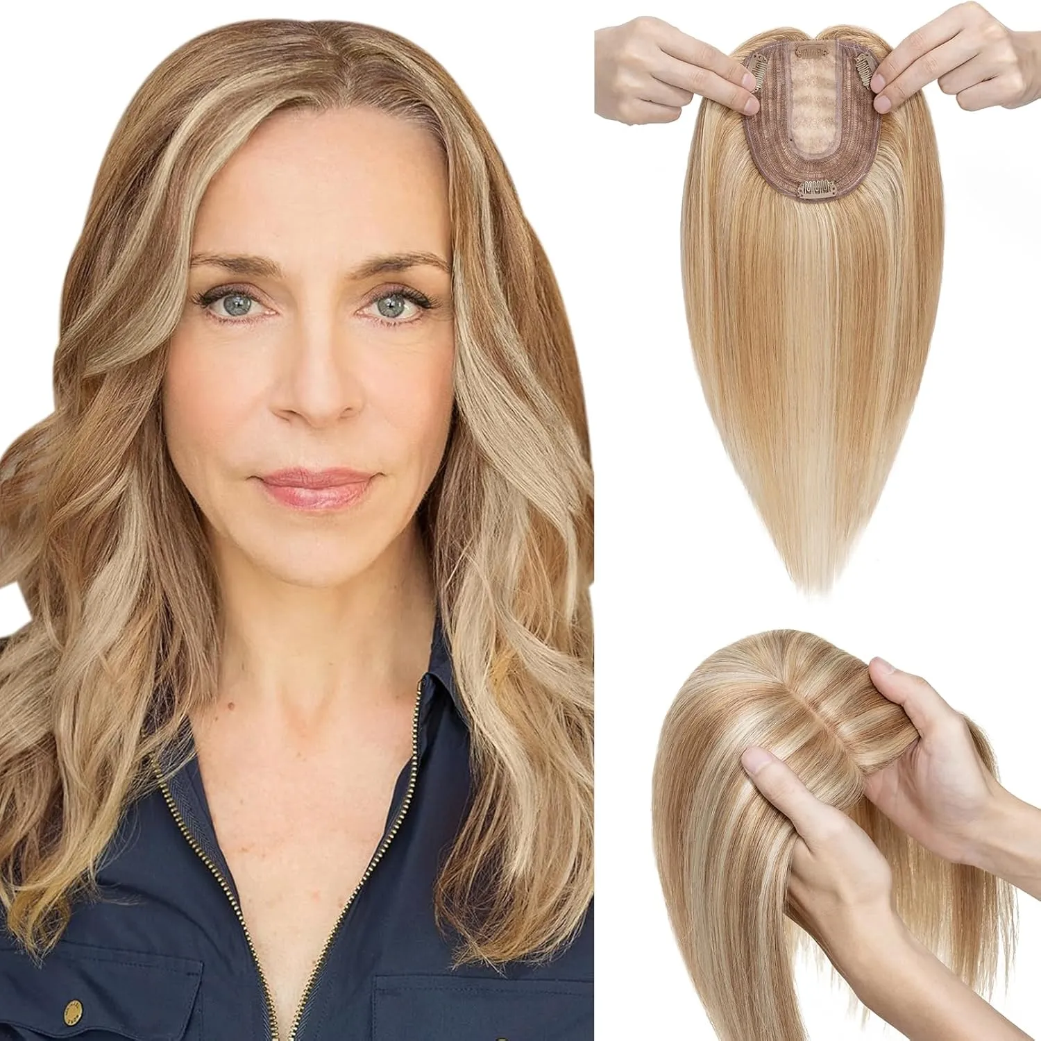 Elailite Human Hair Toppers for Women Real Human Hair Thin 4.7"x3.9" Silk Base Clip in Remy Hairpieces 10 Inch Golden Brown mix Bleach Blonde