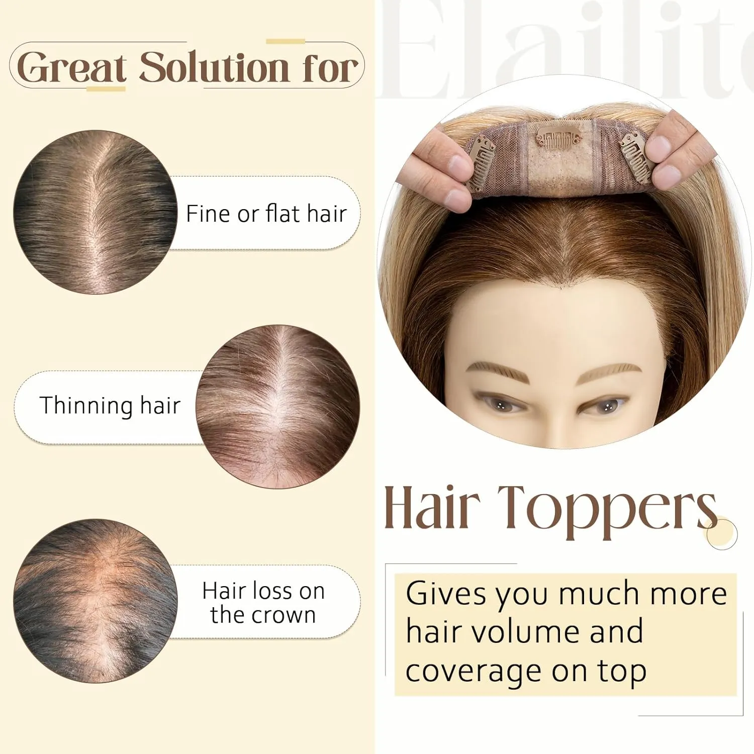 Elailite Human Hair Toppers for Women Real Human Hair Thin 4.7"x3.9" Silk Base Clip in Remy Hairpieces 10 Inch Golden Brown mix Bleach Blonde
